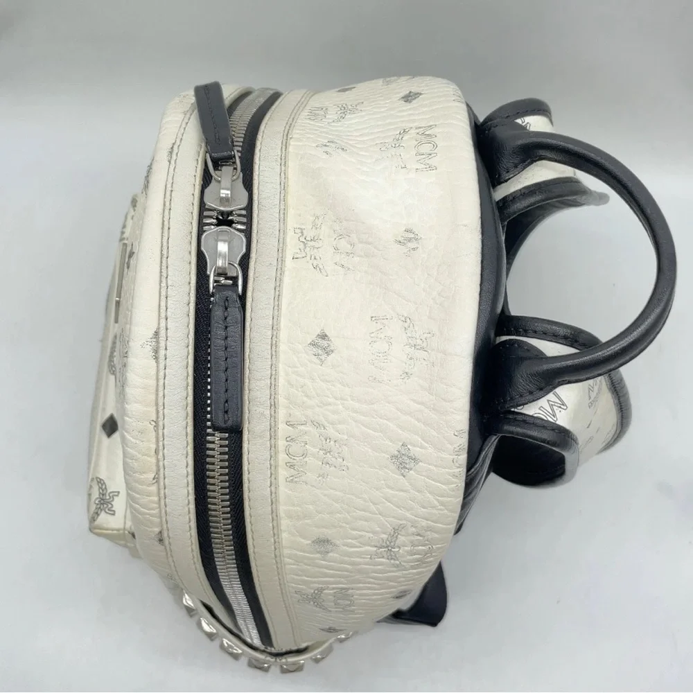 Authentic MCM Visetos Pattern White Leather Studded Backpack medium size